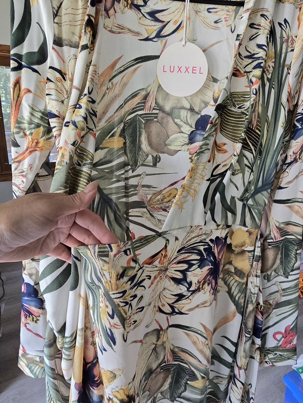 Luxxel Floral Wrap Dress in Cream with Green & Yellow Botanical Print - Picture 6 of 10